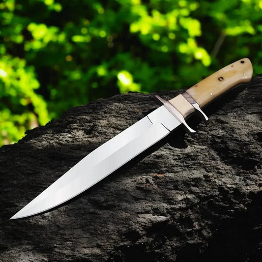15.5” Handmade D2 Steel Bowie Knife with Camel Bone Handle & Leather Sheath – Full Tang Hunting Knife