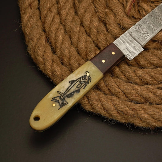 Handmade Damascus Steel Fillet Knife – 13” Fishing Knife with Camel Bone Handle – Personalized Gift for Fisherman & Husband