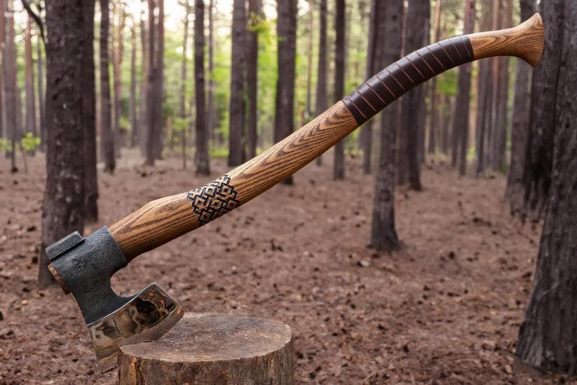 Hand Forged Bushcraft Splitting Axe – Carbon Steel Camping Axe with Ash Wood Handle & Leather Sheath
