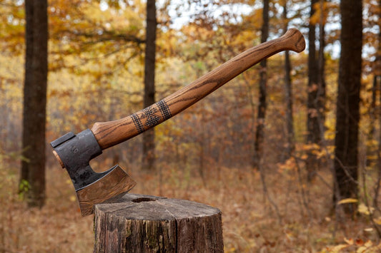 Finnish Style Bushcraft Axe – Hand Forged Carbon Steel Forest Axe with Ash Wood Handle & Leather Sheath