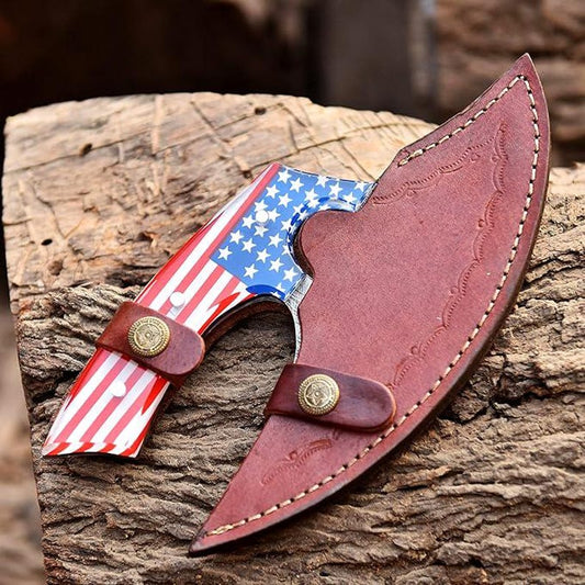 Custom Handmade Damascus Steel Ulu Knife with Leather Sheath | Viking Style Pizza Cutter & Utility Knife