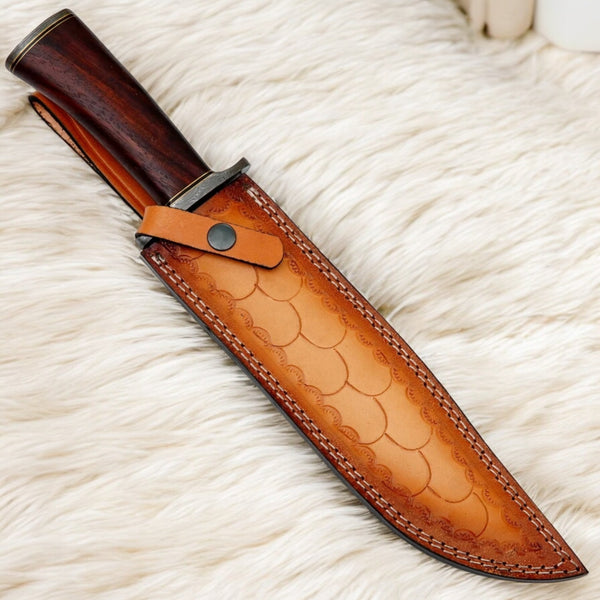 15” Handmade Damascus Bowie Knife with Wood Handle & Leather Sheath | Knives Zone