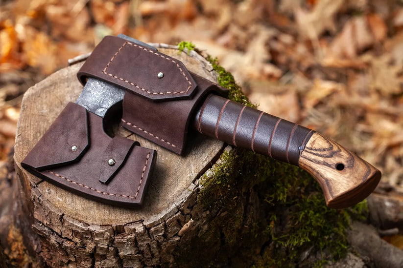 Compact Viking Bearded Axe – Hand Forged 1066 Carbon Steel Bushcraft Hatchet with Leather Sheath
