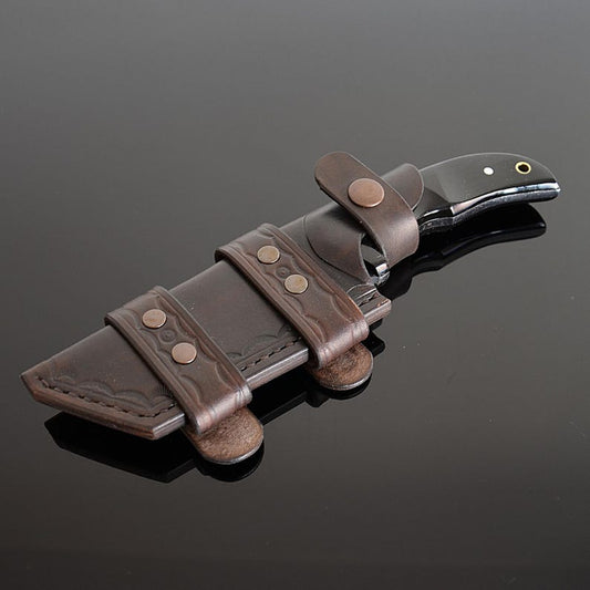 Handmade Full Tang Damascus Tanto Knife – Black Buffalo Horn Handle with Horizontal Leather Belt Sheath