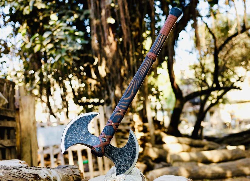Hand Forged Norse Viking Axe – Double Bit Camping & Collector Axe with Wrapped Wood Handle