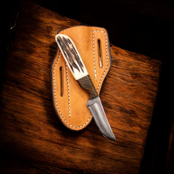 Handmade Cowboy Knife with Antler Horn & Rosewood Handle – High Carbon Steel Fixed Blade with Leather Sheath (8”)