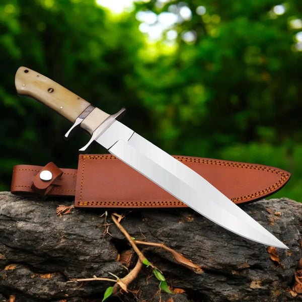 15.5” Handmade D2 Steel Bowie Knife with Camel Bone Handle & Leather Sheath – Full Tang Hunting Knife