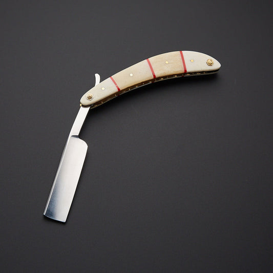 Custom Handmade J2 Steel Straight Razor with Bone & Wood Handle and Leather Sheath
