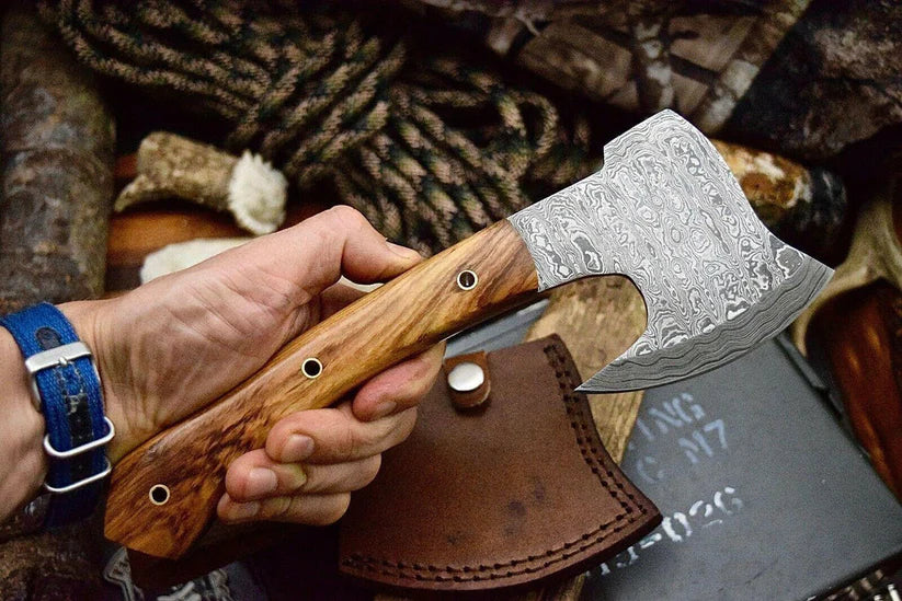 Handmade Damascus Steel Hatchet Axe with Olive Burl Wood Handle & Leather Sheath – 10”