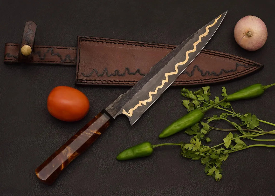 Handmade Copper Damascus Chef Knife 14" | Amber Resin Handle Kitchen Knife with Leather Sheath