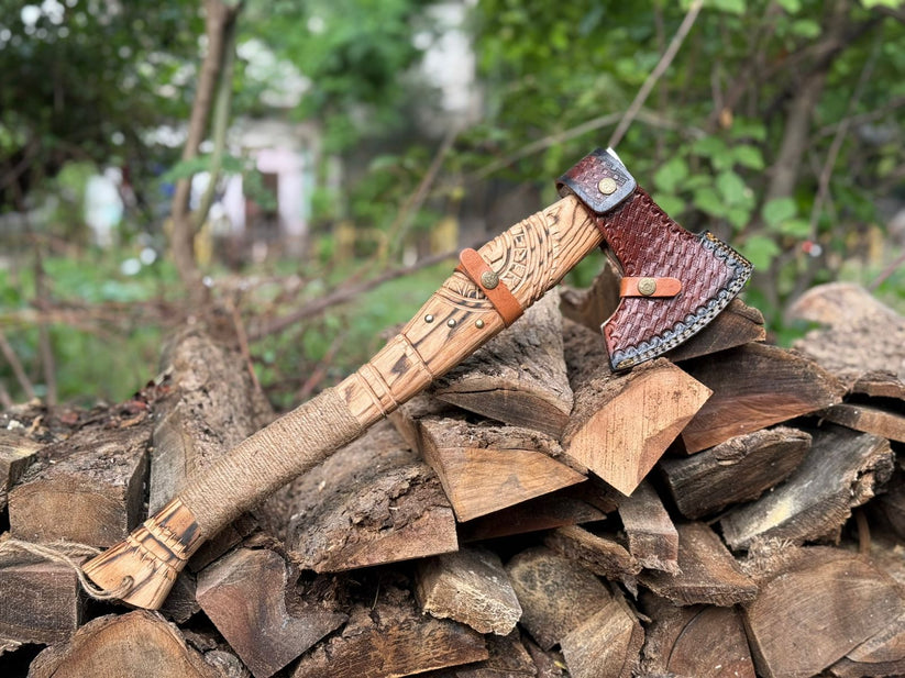 Hand-Forged Viking Warrior Axe with Engraved Blade & Carved Hardwood Handle – 22" Norse Axe with Leather Sheath