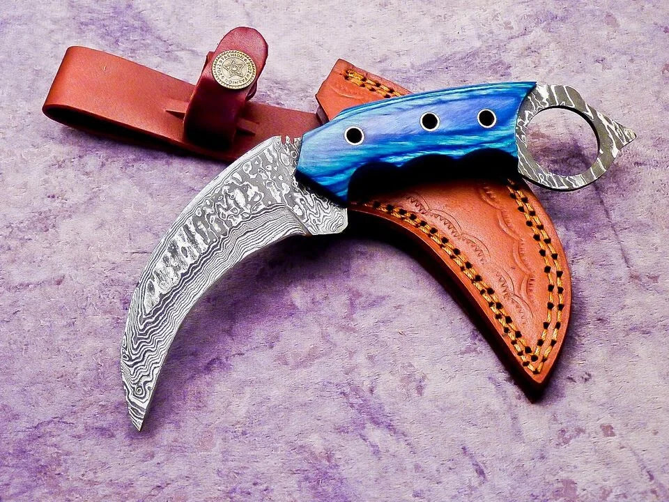 Custom Handmade Damascus Karambit Knife with Hardwood Handle & Leather Sheath | Full Tang Curved Blade