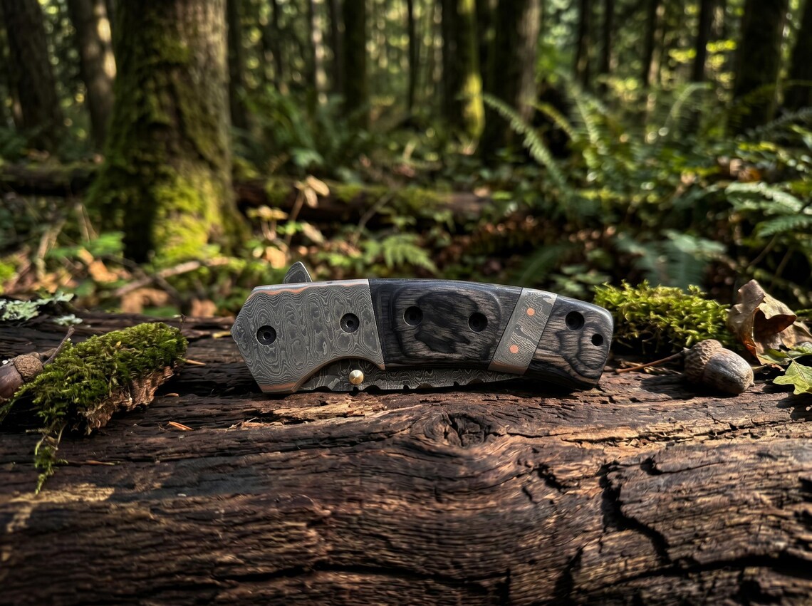 Handcrafted Copper Damascus Folding Knife with Leather Sheath – Premium EDC Pocket Knife for Outdoor Adventures & Gifts