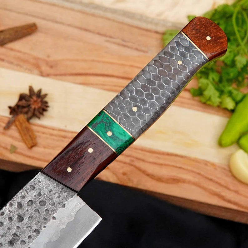 Handmade Damascus Chef Knife 7 Inch | 440C Stainless Steel Blade with Malachite, Resin & Rosewood Handle