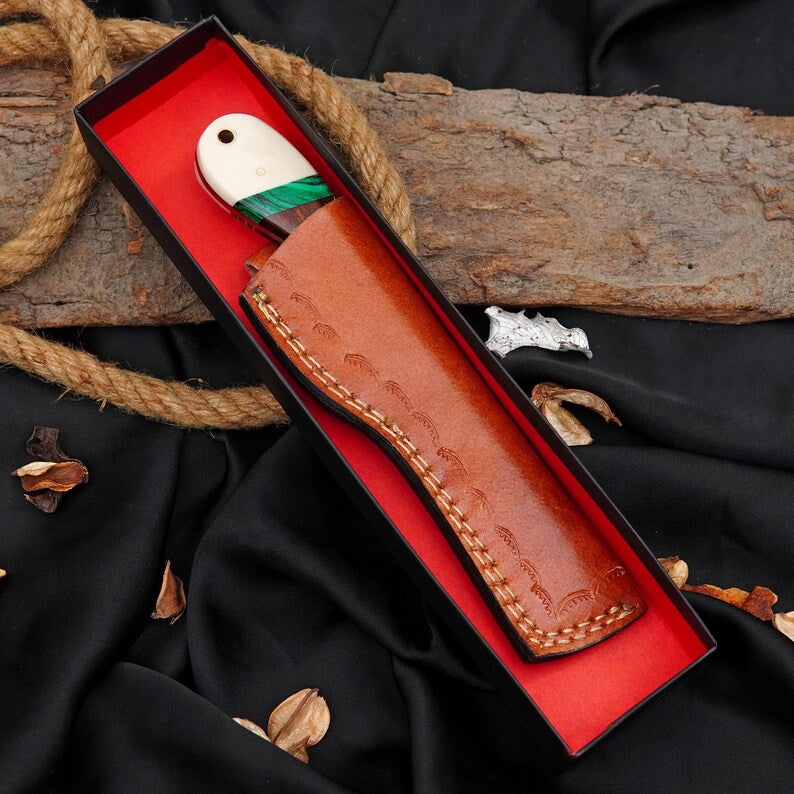 Hand-Forged Copper Core Damascus Bull Cutter Knife with Rosewood & Stone Handle | Custom Handmade Leather Sheath Knife