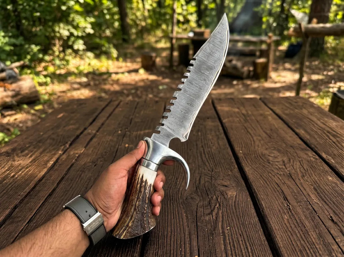 18" Handmade Copper Damascus Bowie Knife with Stag Antler Handle | Custom Fixed Blade Hunting & Collector Knife