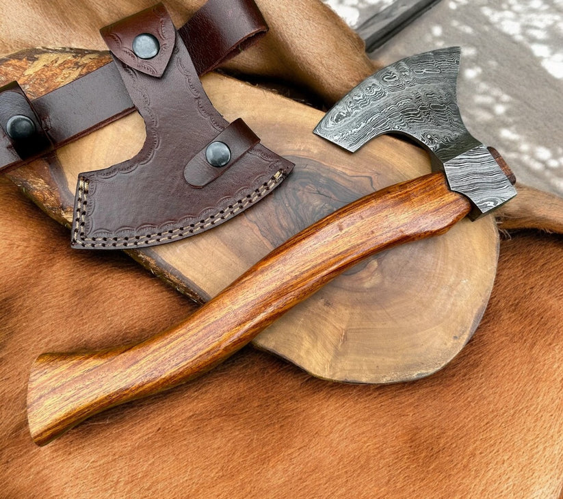 Hand Forged Damascus Steel Camping Axe with Rosewood Handle | Custom Handmade Hatchet with Leather Sheath