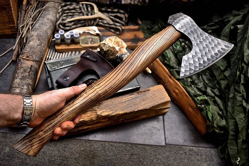 Hand-Forged Bearded Viking Axe | 1095 Carbon Steel Camping Hatchet with Leather Sheath – 20”