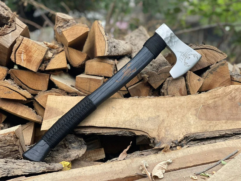 Hand-Forged Viking Scorpion Axe – Engraved High Carbon Steel Camping Hatchet with Leather Sheath