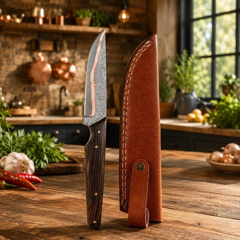 Handmade Copper Damascus Chef Knife with Wenge Wood Handle | Compact Culinary Knife with Leather Sheath