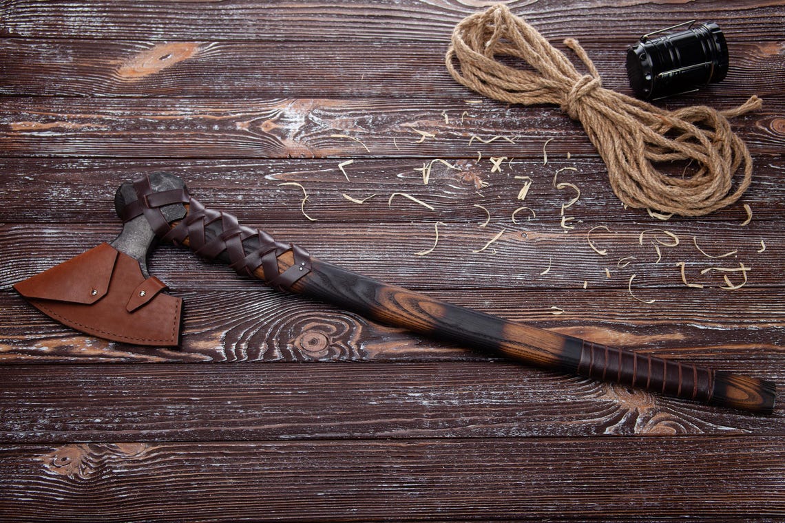 Hand Forged Viking Battle Axe – Carbon Steel Slavic Hatchet with Leather Wrapped Ash Handle