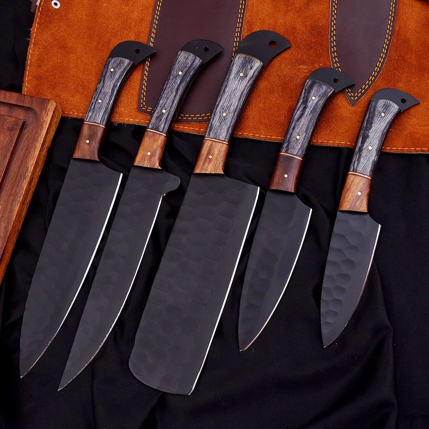 Handmade D2 Hammered Steel 5-Piece Chef Knife Set with Wood Handles & Leather Carry Bag | Knives Zone