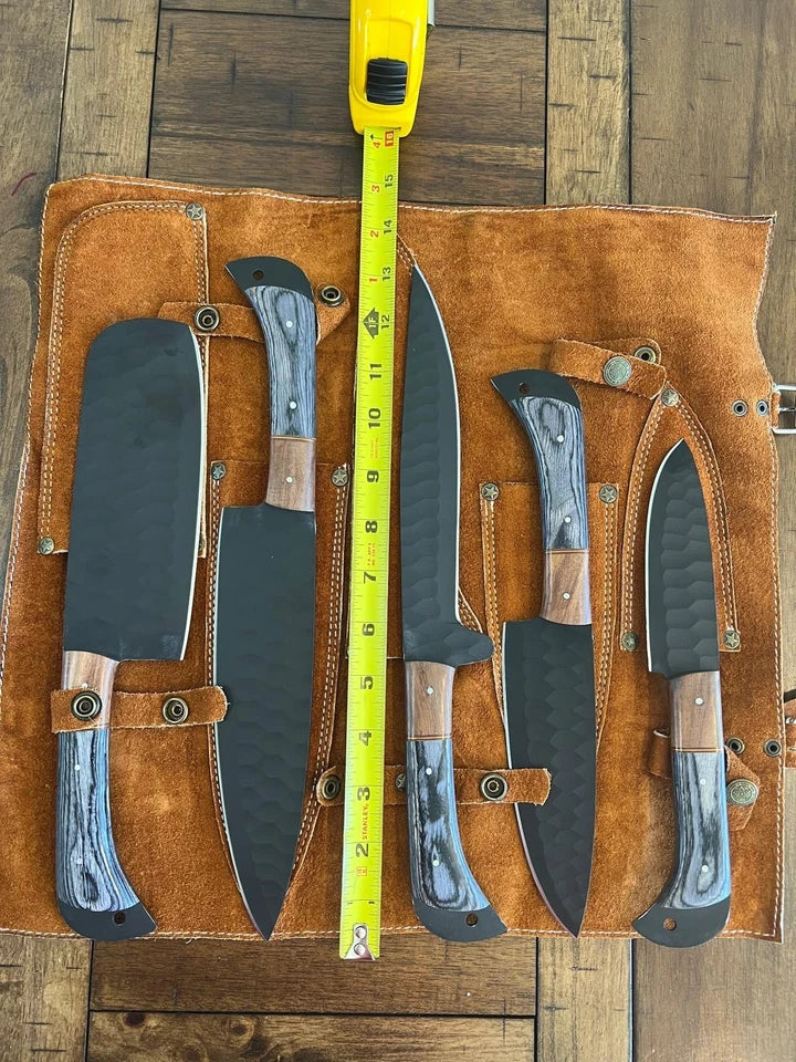 Handmade Hammered High-Carbon Steel 5-Piece Chef Knife Set with Wood Handles & Leather Carry Bag | Knives Zone