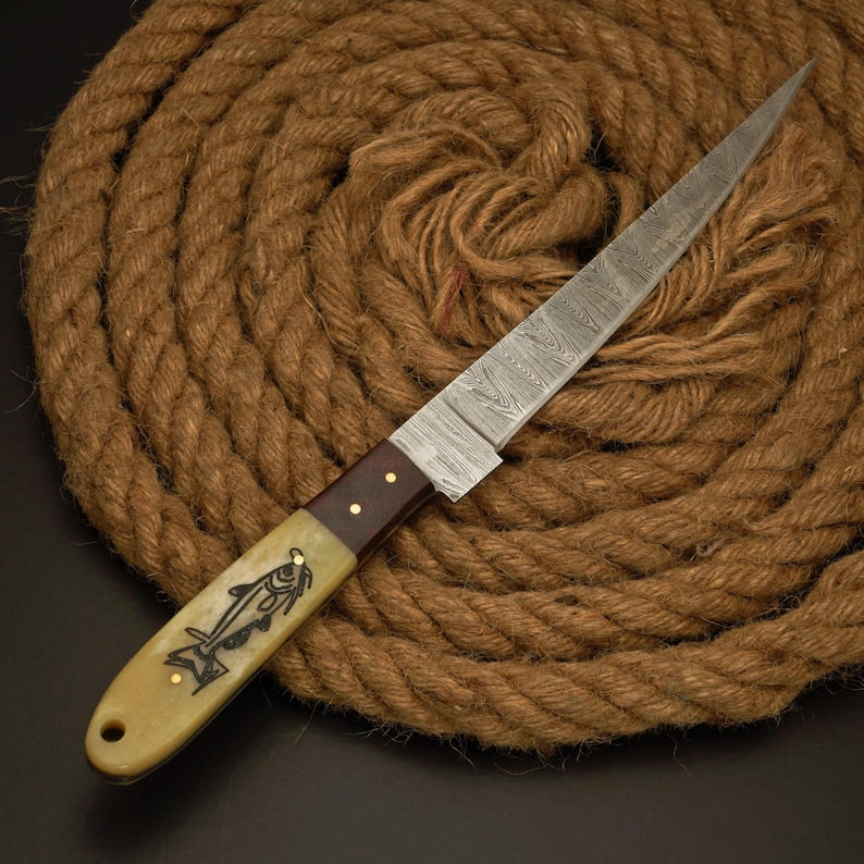 Handmade Damascus Steel Fillet Knife – 13” Fishing Knife with Camel Bone Handle – Personalized Gift for Fisherman & Husband