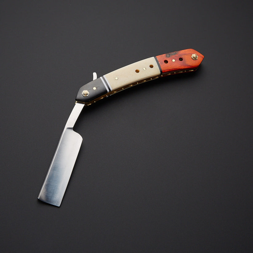 Custom Handmade J2 Steel Straight Razor with Bone & Wood Handle and Leather Sheath