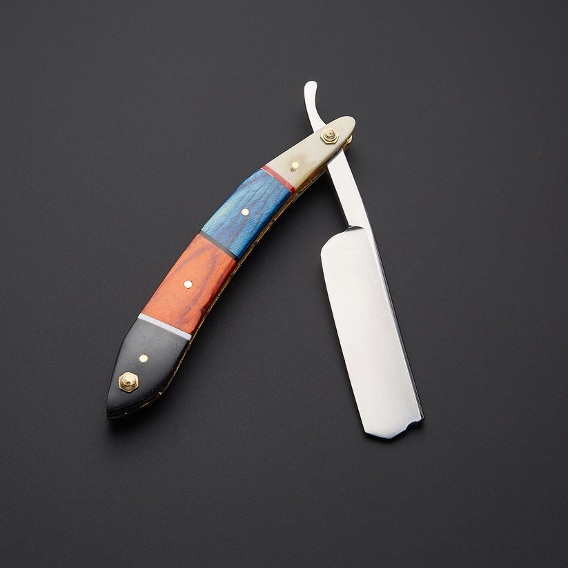 Custom Handmade J2 Steel Straight Razor with Bone & Wood Handle and Leather Sheath