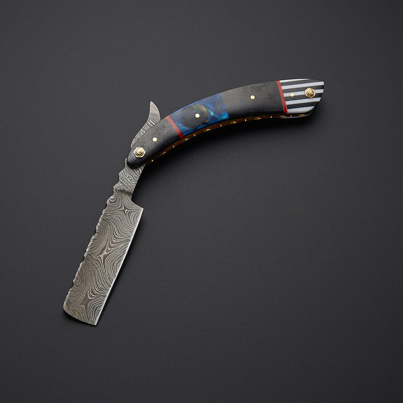 Custom Handmade Damascus Steel Straight Razor with Leather Sheath | Blue Resin & Wood Handle Barber Razor