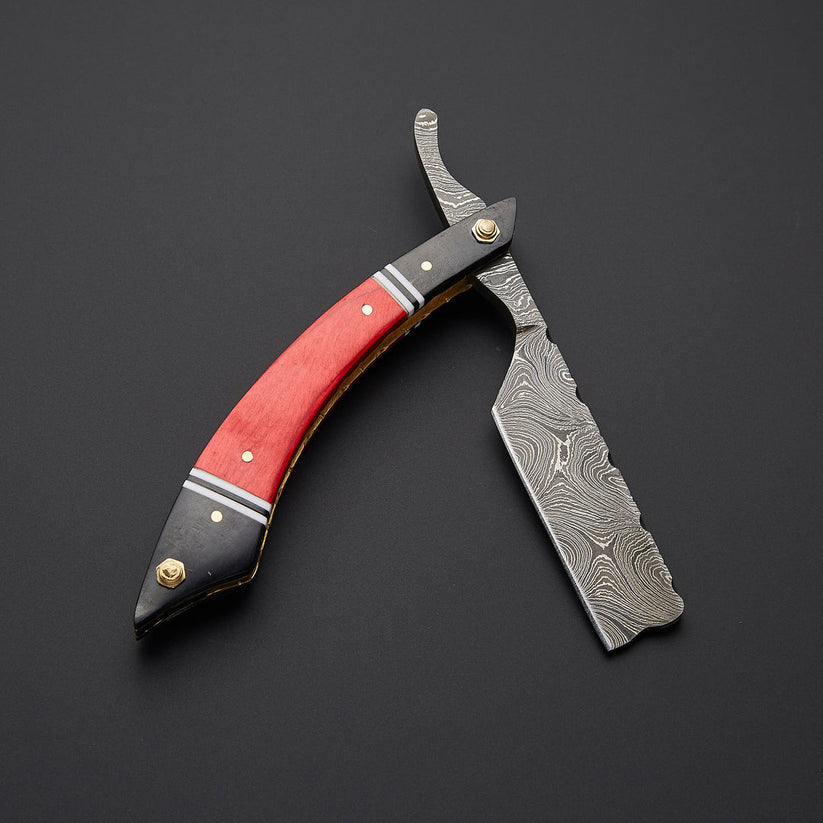 Handcrafted Damascus Steel Straight Razor with Hardwood Handle & Leather Sheath – Classic Wet Shaving Razor