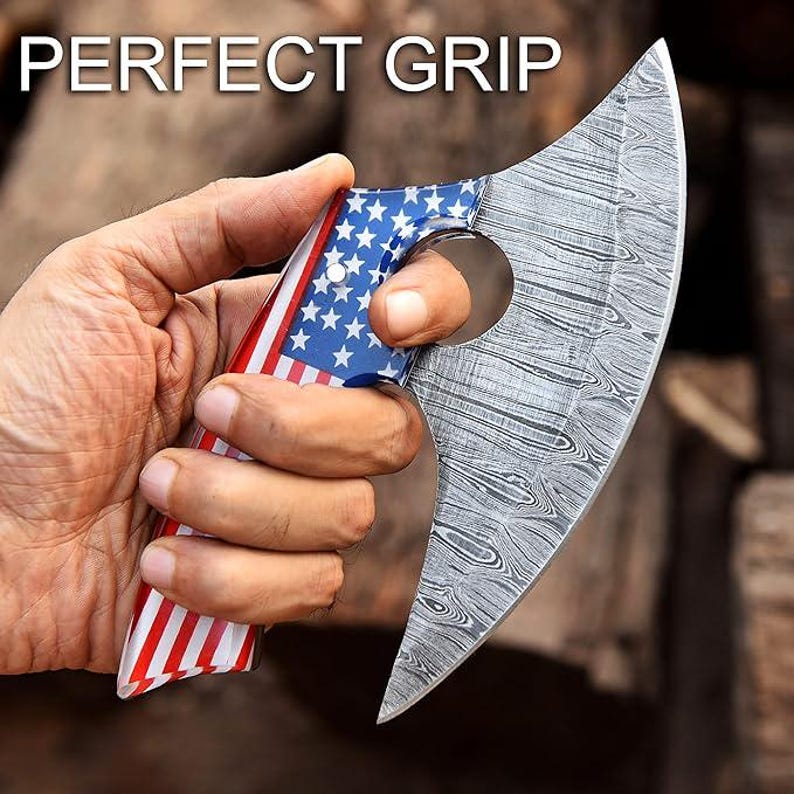 Custom Handmade Damascus Steel Ulu Knife with Leather Sheath | Viking Style Pizza Cutter & Utility Knife