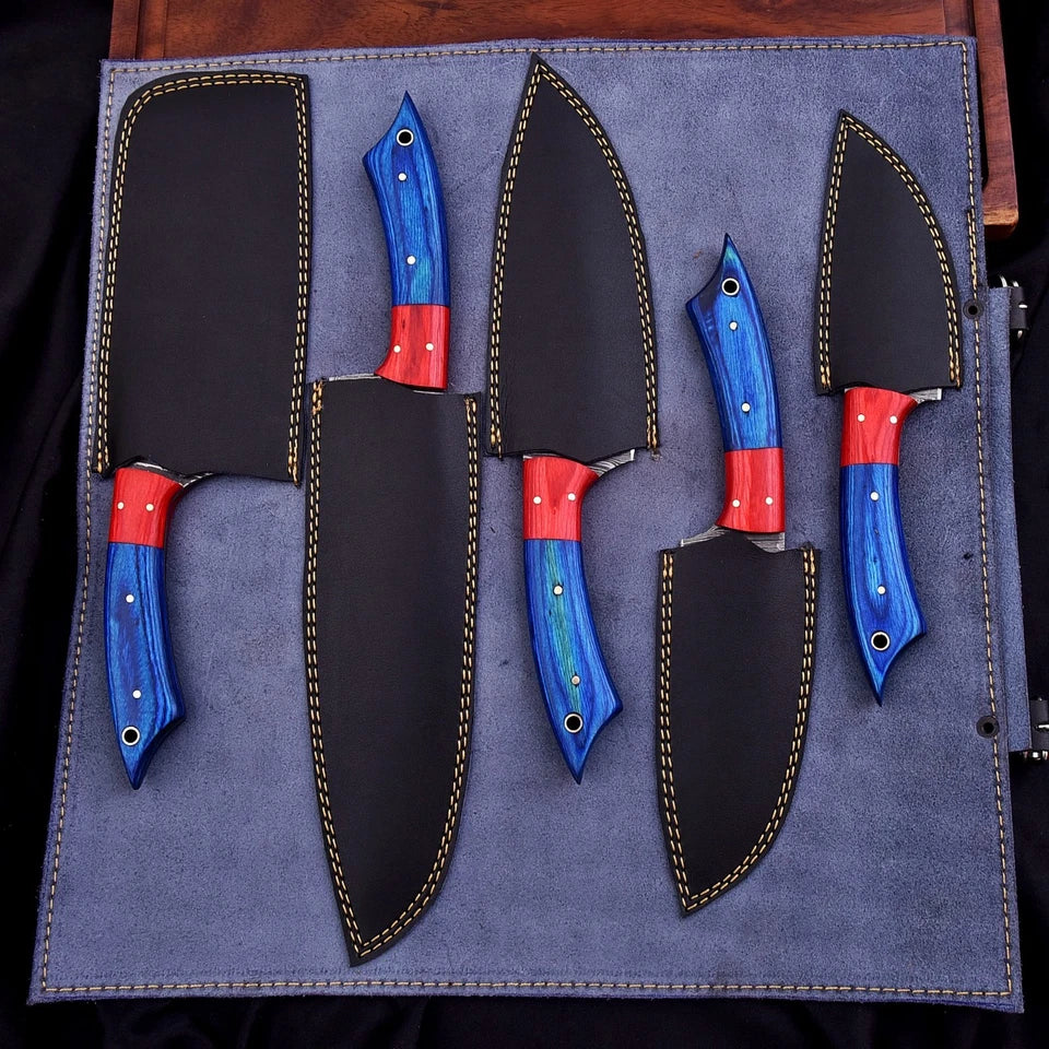 Handmade Damascus Steel 5-Piece Chef Knife Set with Mosaic Pin Wood Handles & Leather Bag | Knives Zone