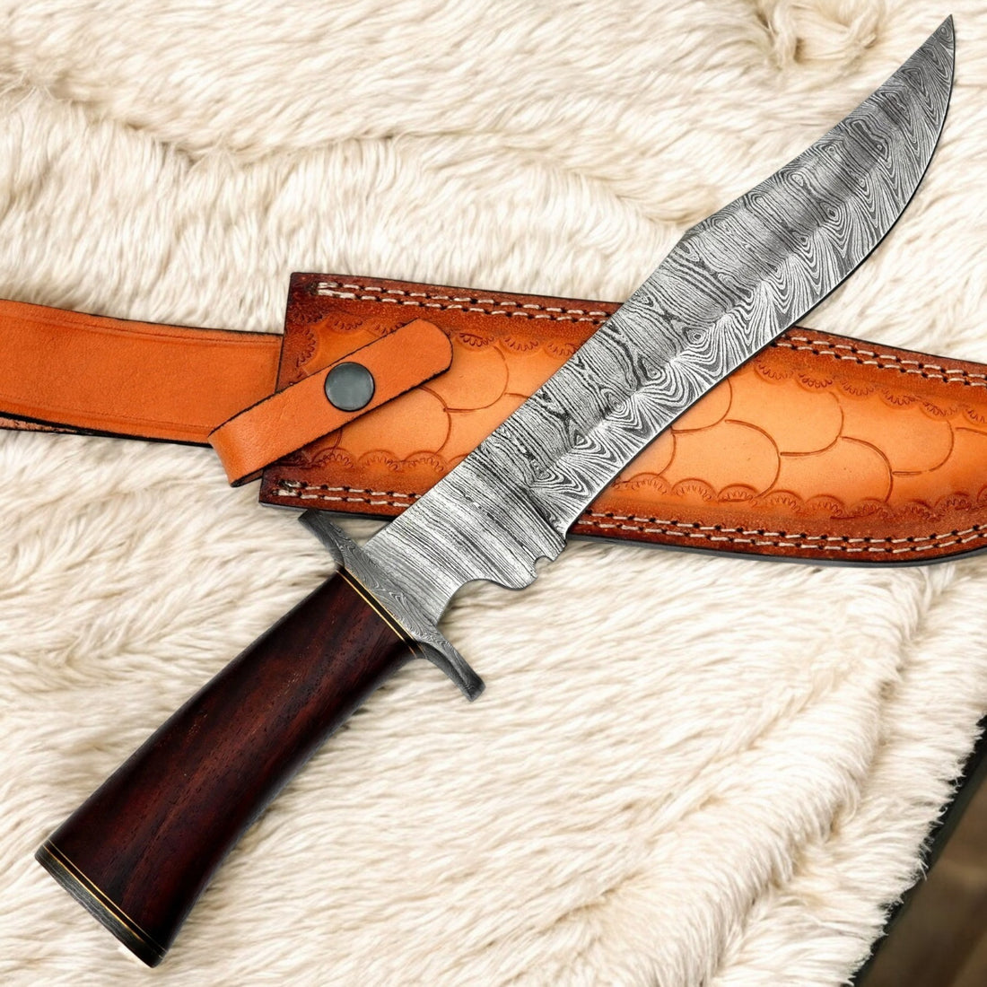 15” Handmade Damascus Bowie Knife with Wood Handle & Leather Sheath | Knives Zone