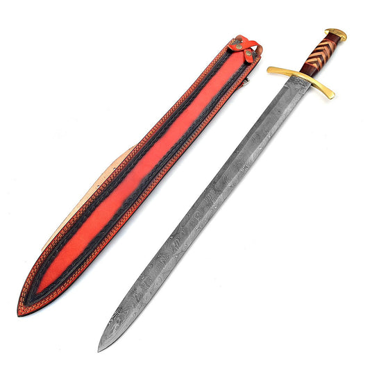 Brute Elja Pattern Welded Damascus Steel Historical Replica Sword with Leather Sheath