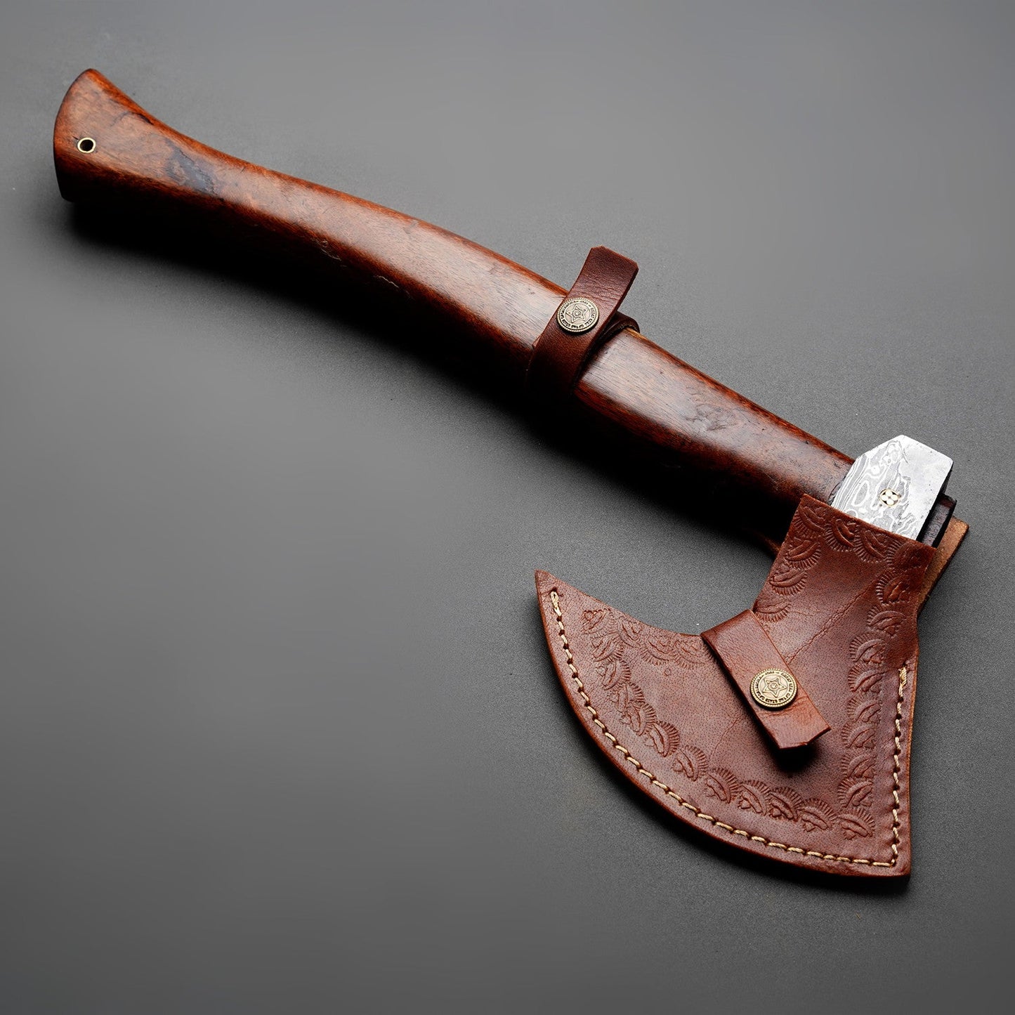 Custom Hand Forged Damascus Steel Flat Grind Axe With Cowhide Leather Sheath