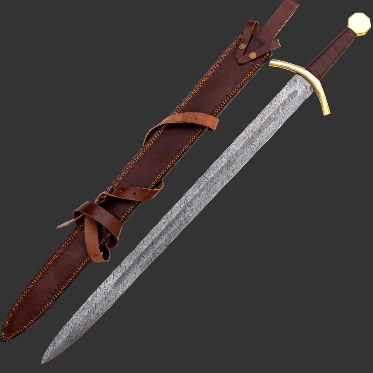 Sword with gold hilt and leather sheath on a white background