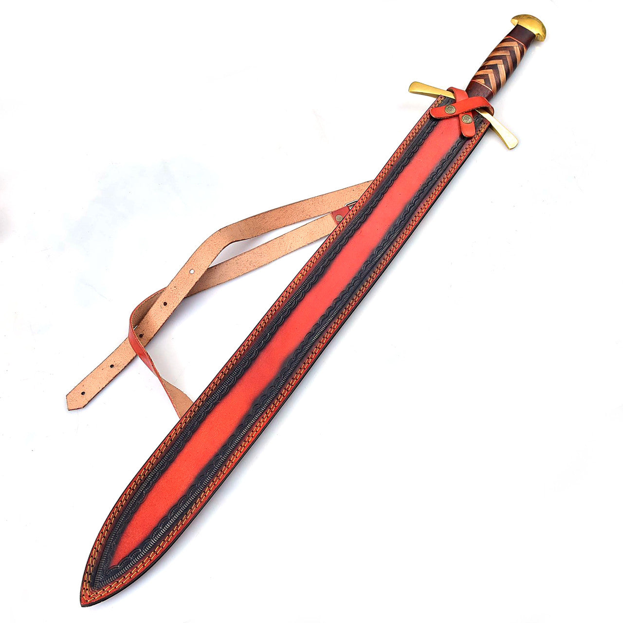 Brute Elja Pattern Welded Damascus Steel Historical Replica Sword with Leather Sheath