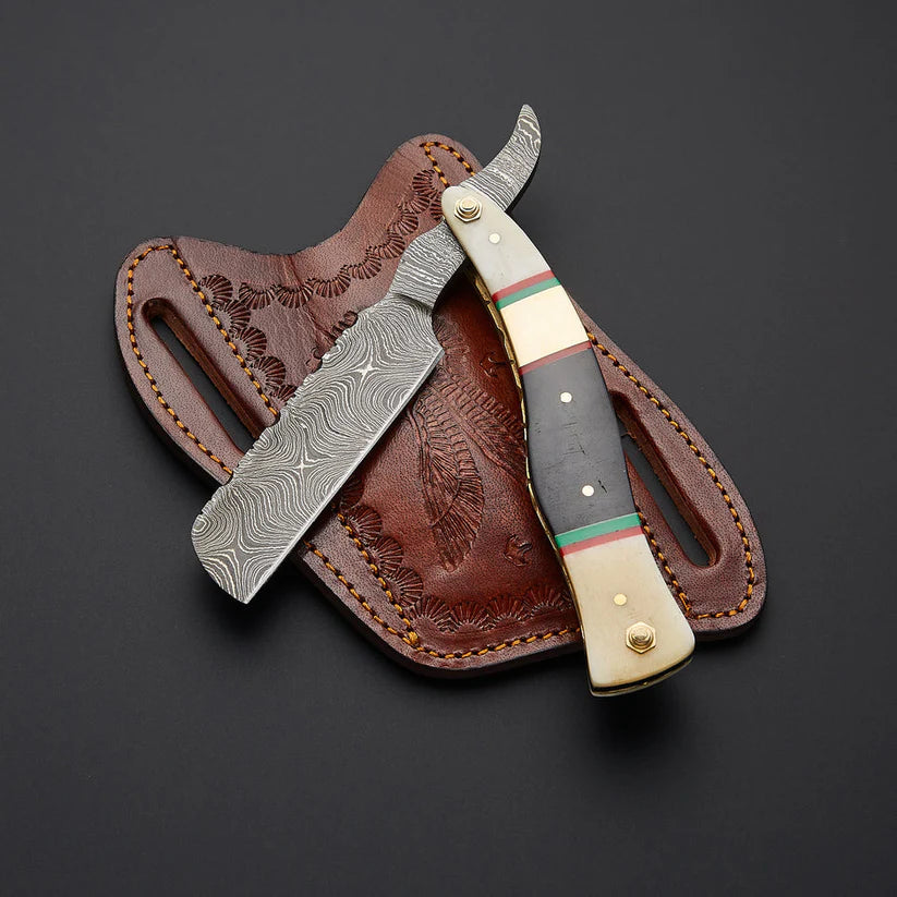 Artisan Handmade Damascus Steel Straight Razor with Bone & Wood Handle and Leather Sheath