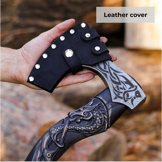 Hand Forged Fenrir Wolf Viking Axe – 1060 High Carbon Steel Bearded Axe with Leather Sheath (17.7”)