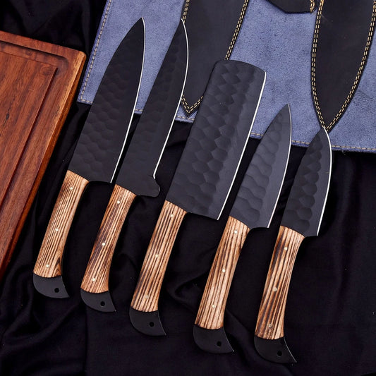 Handmade D2 Steel Hammered 5-Piece Chef Knife Set with Ash Wood Handles & Leather Roll | Knives Zone