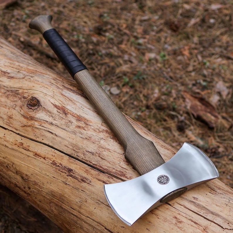 Hand Forged Double Bit Viking Axe – Functional Hardened Steel Battle Hatchet with Ash Wood Handle