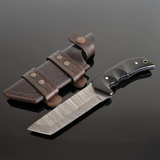 Handmade Full Tang Damascus Tanto Knife – Black Buffalo Horn Handle with Horizontal Leather Belt Sheath