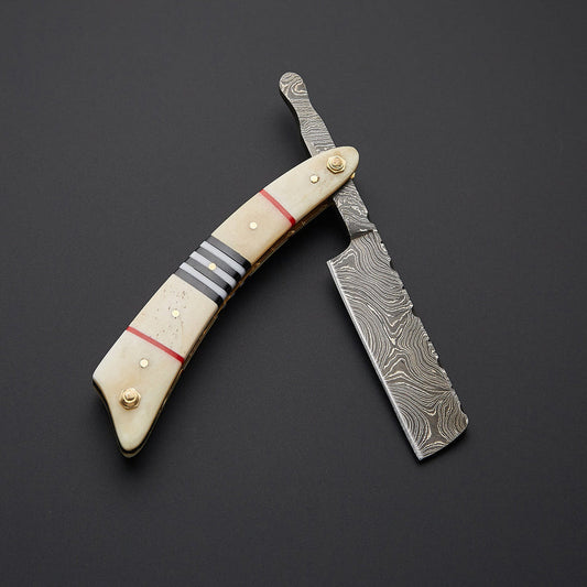 Handmade Damascus Steel Straight Razor with Bone Handle & Leather Sheath | Custom Barber Razor