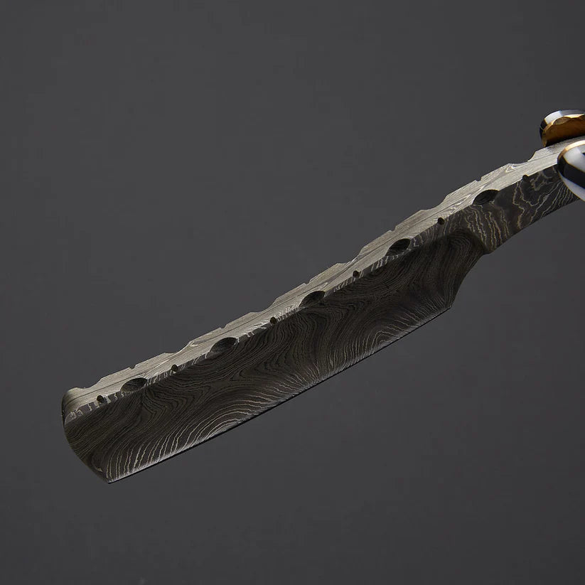 Custom Handmade Damascus Steel Straight Razor with Leather Sheath | Bone & Wood Handle | Barber Shaving Razor