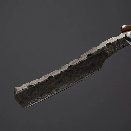 Custom Handmade Damascus Steel Straight Razor with Leather Sheath | Bone & Wood Handle | Barber Shaving Razor