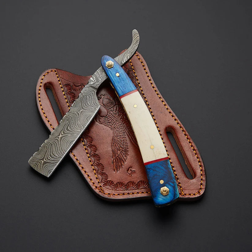 Custom Handmade Damascus Steel Straight Razor with Leather Sheath – Traditional Wet Shaving Tool