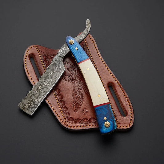 Custom Handmade Damascus Steel Straight Razor with Leather Sheath – Traditional Wet Shaving Tool