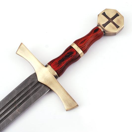 Descendent of the Holy Knights Damascus Steel Templar Knight Sword with Leather Sheath